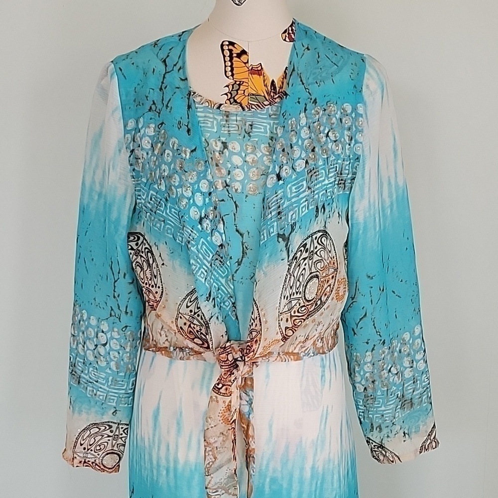 Connie's Moonlight sleeveless dress in browns & blues. With shrug jacket small - Picture 2 of 15